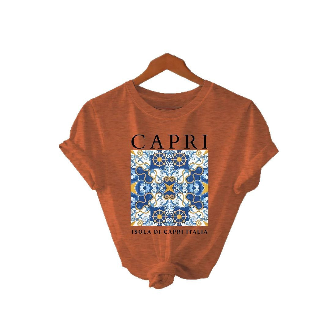 CAPRI Pattern Loose Short Sleeve Round Neck T-shirt
