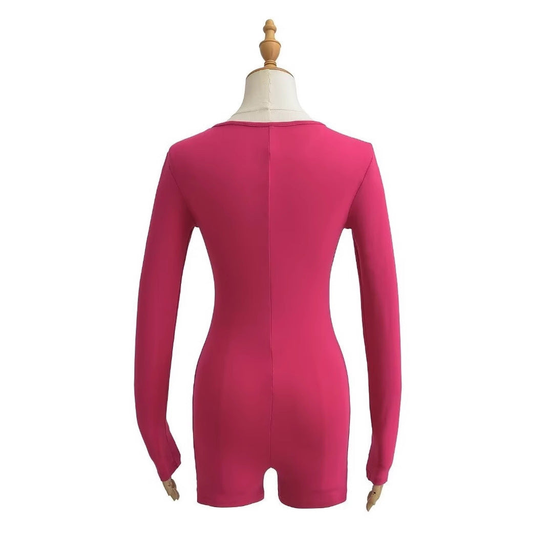 Single-breasted round-neck slim-fitting solid-color long-sleeved jumpsuit