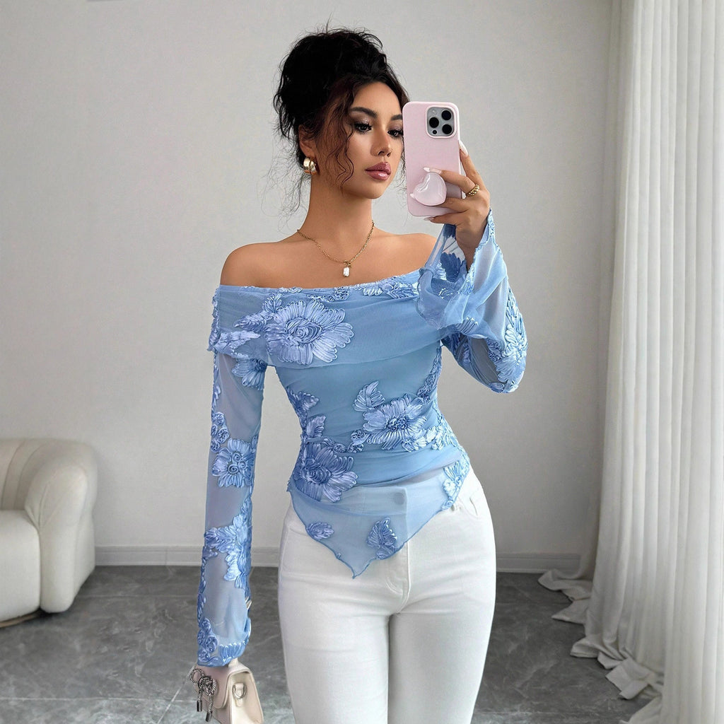 Women's single neck flared sleeve asymmetrical hem top