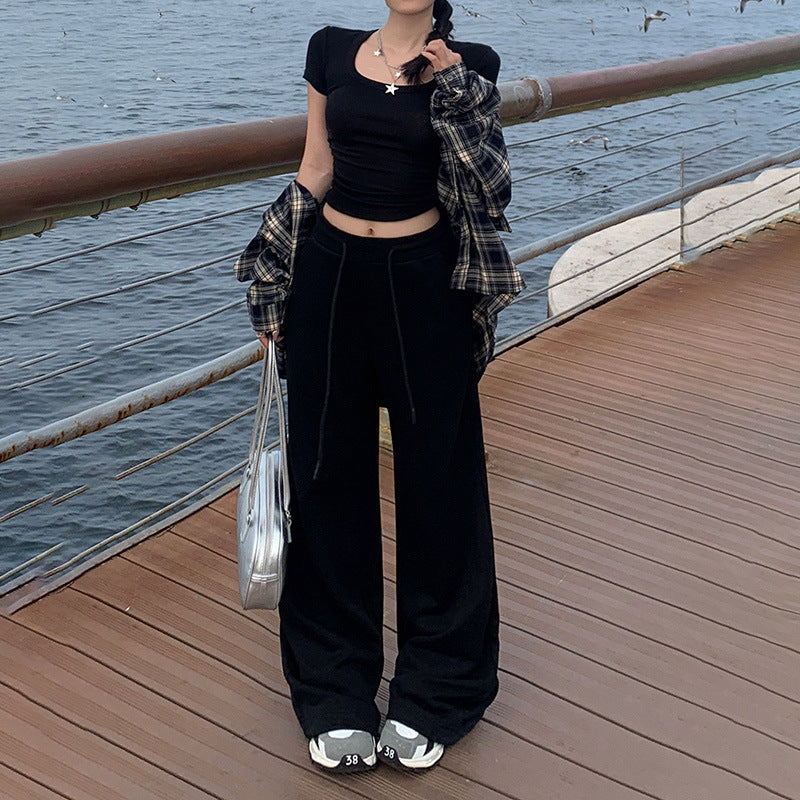 Women's Loose Wide-Leg Pants with Drawstring Elastic Waist Straight Casual Trousers