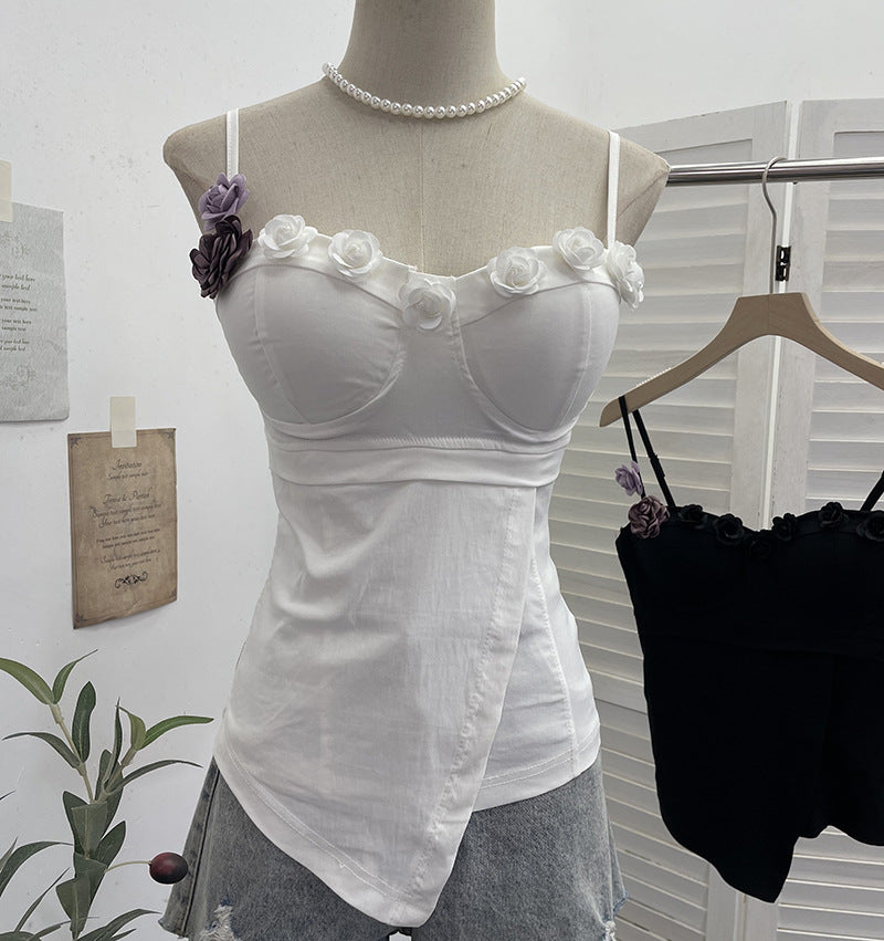 Three dimensional rose elastic strapless irregular short sleeveless top