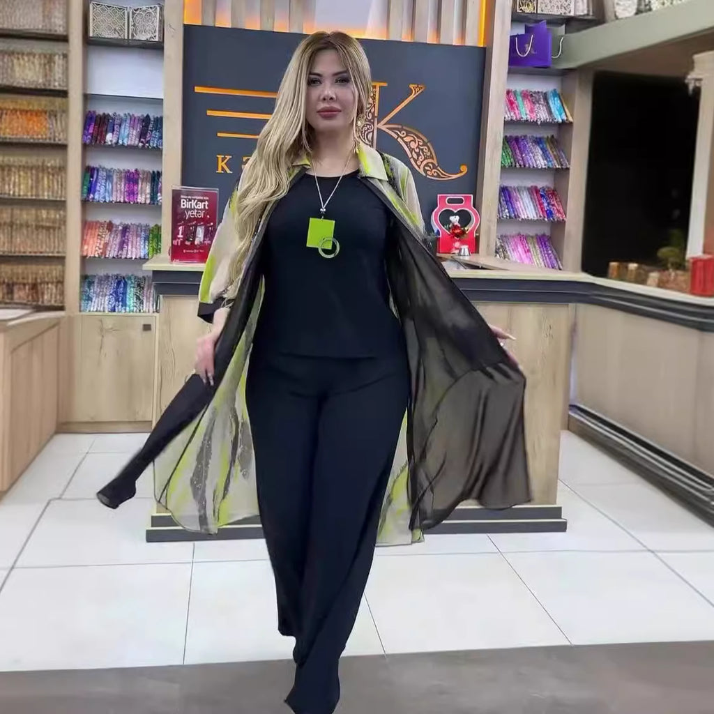 Printed seven quarter sleeve zipper cardigan with tailcoat and slit chiffon shirt