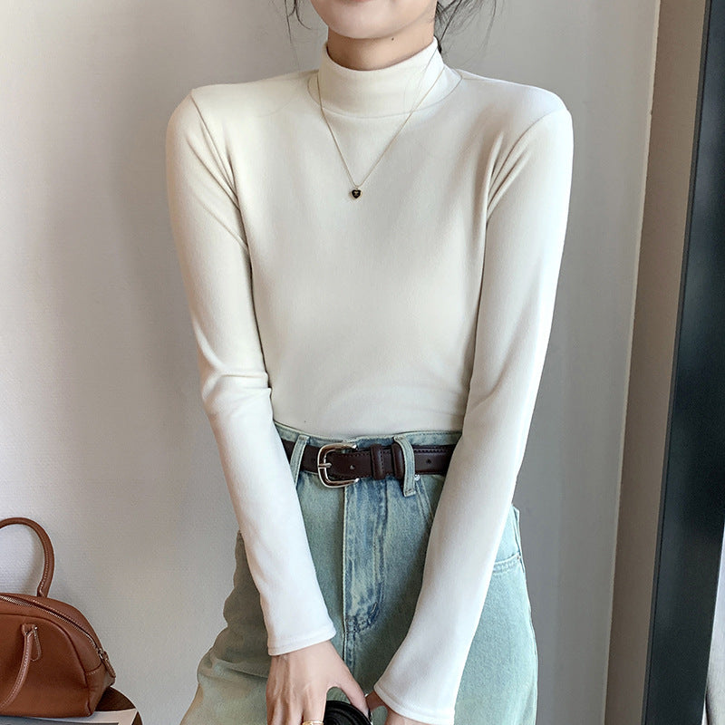 Half high collar and plush thick warm long sleeved top
