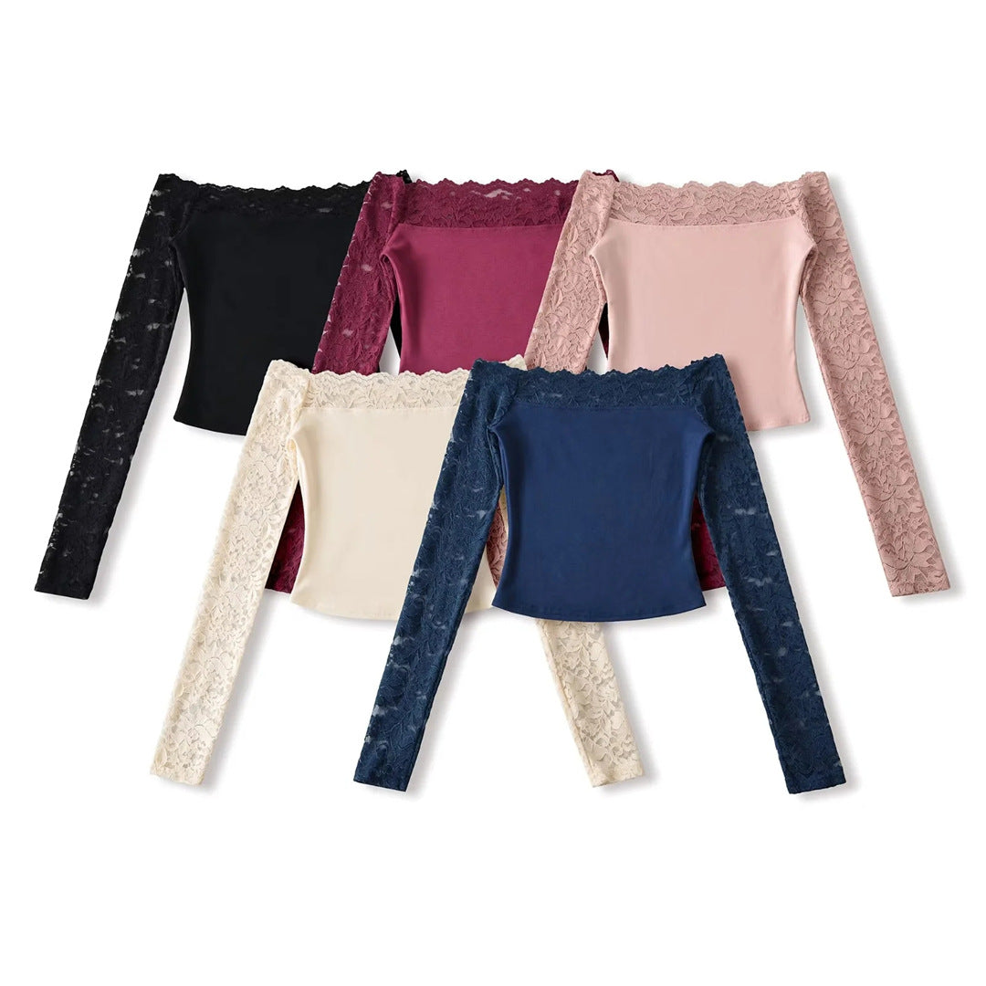 Lace Off-Shoulder Long Sleeve T-Shirt for Women, Sexy Hollow Out Fitted Crop Top, Pure Desire Style, Unique Streetwear Design
