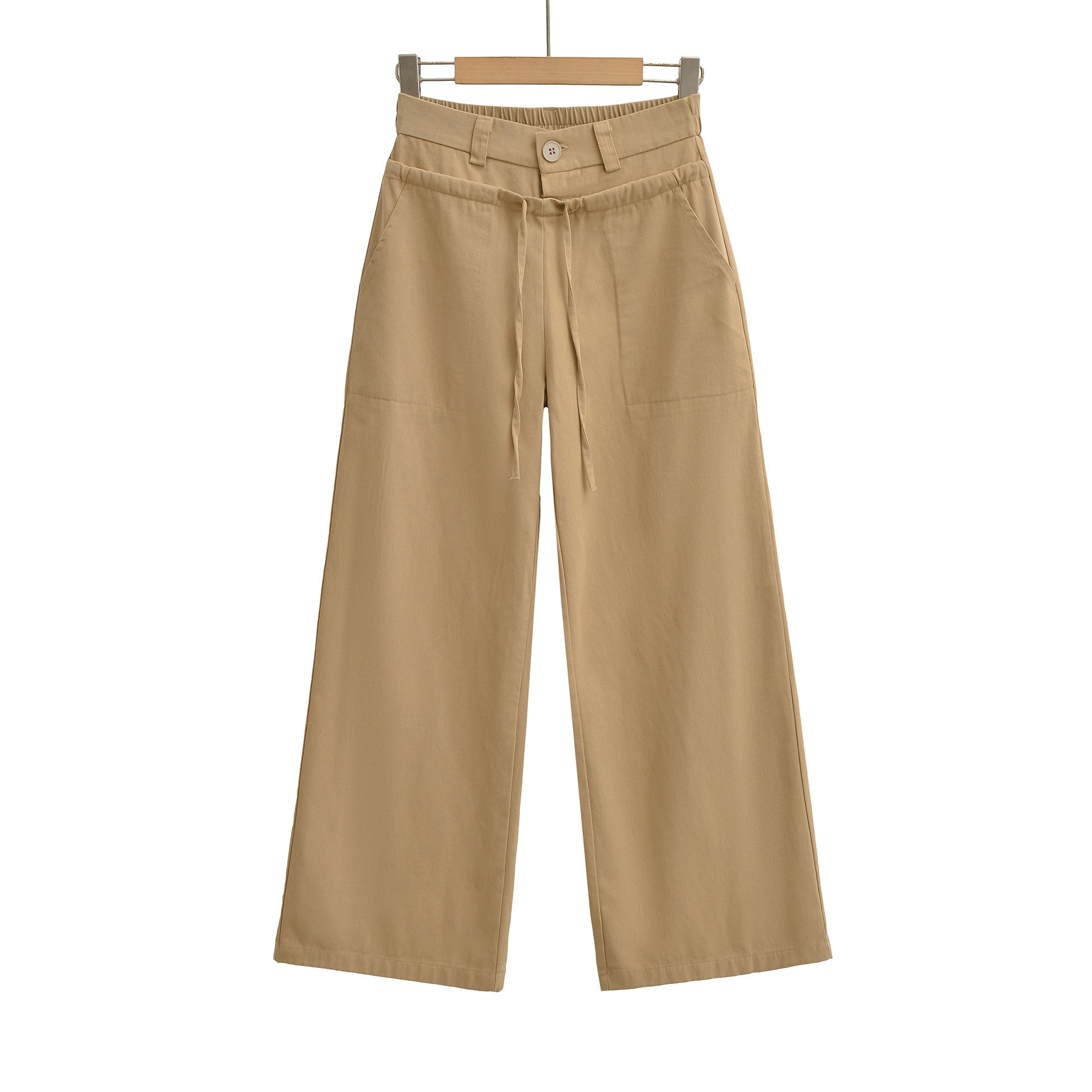 Splicing double waist drawstring elastic washed workwear wide leg pants casual pants