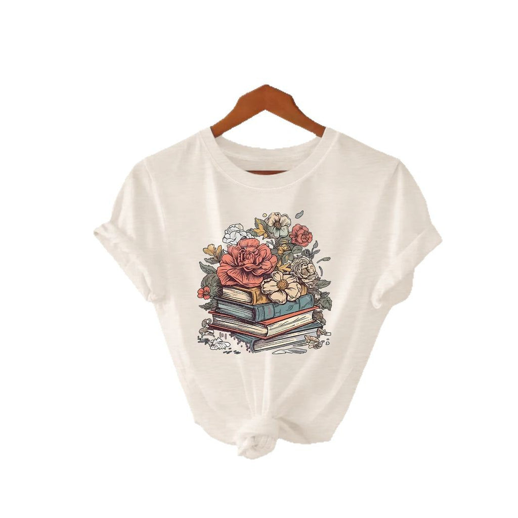 Flower Book New Round Neck Loose Short Sleeve