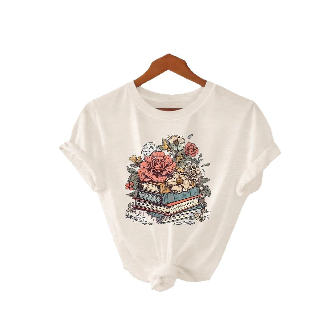 Flower Book New Round Neck Loose Short Sleeve
