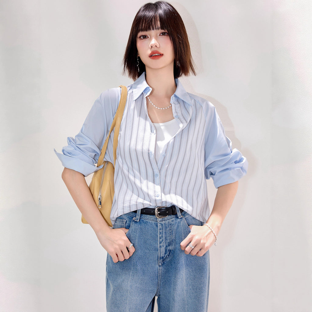 Striped Shirt Women's Blazer Autumn Long Sleeve Design Sense Unique Fashion New Loose Vintage Early Autumn Top Blouse