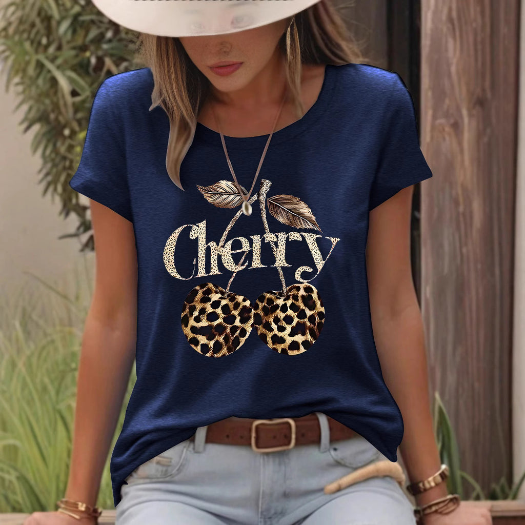 T-shirt short sleeved women's Cherry leopard print cherry round neck
