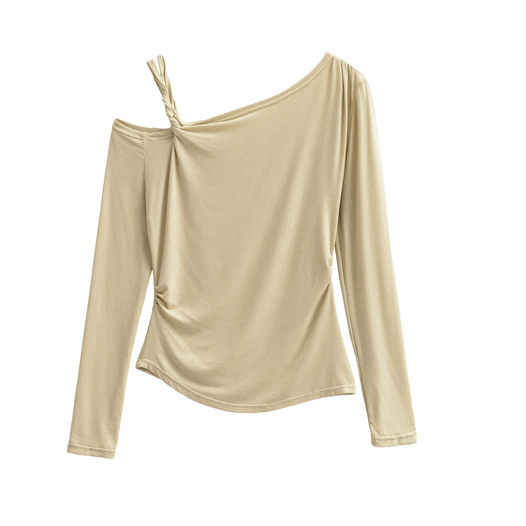 Slant neck twisted off shoulder pleated casual long sleeved base T-shirt