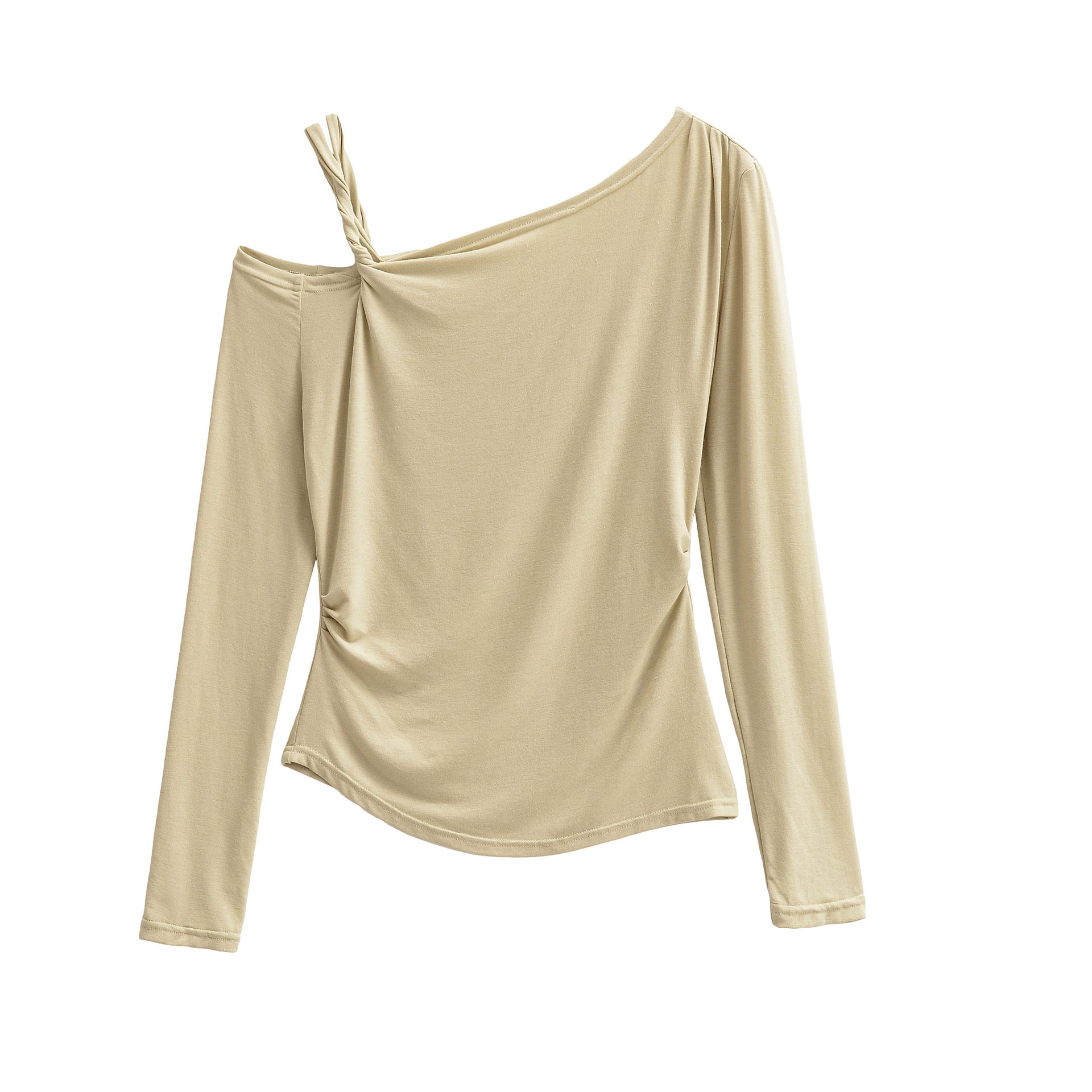 Slant neck twisted off shoulder pleated casual long sleeved base T-shirt