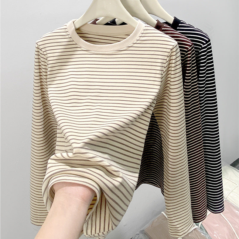 Round neck striped T-shirt long sleeved top for women