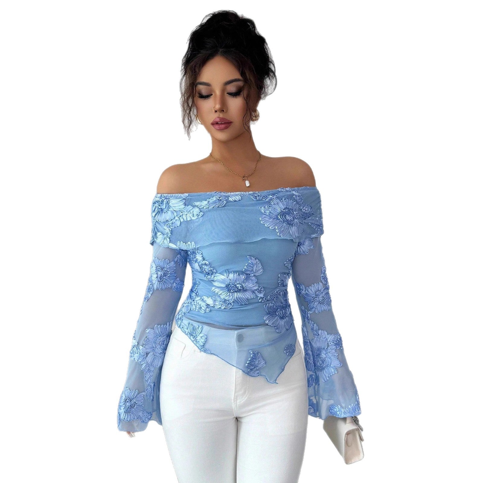 Women's single neck flared sleeve asymmetrical hem top