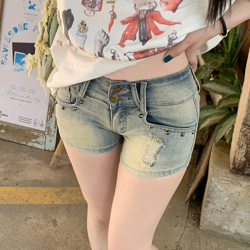 Low-Waist Stud Denim Ultra-Short Pants Summer Skinny Bodycon Fitted Ripped Hot Pants