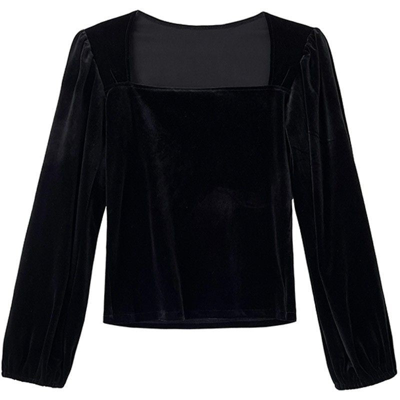 Style Off-Shoulder Fitted Black Square Neck Bubble Sleeve Velvet Blouse Women's Royal Style Long Sleeve Top