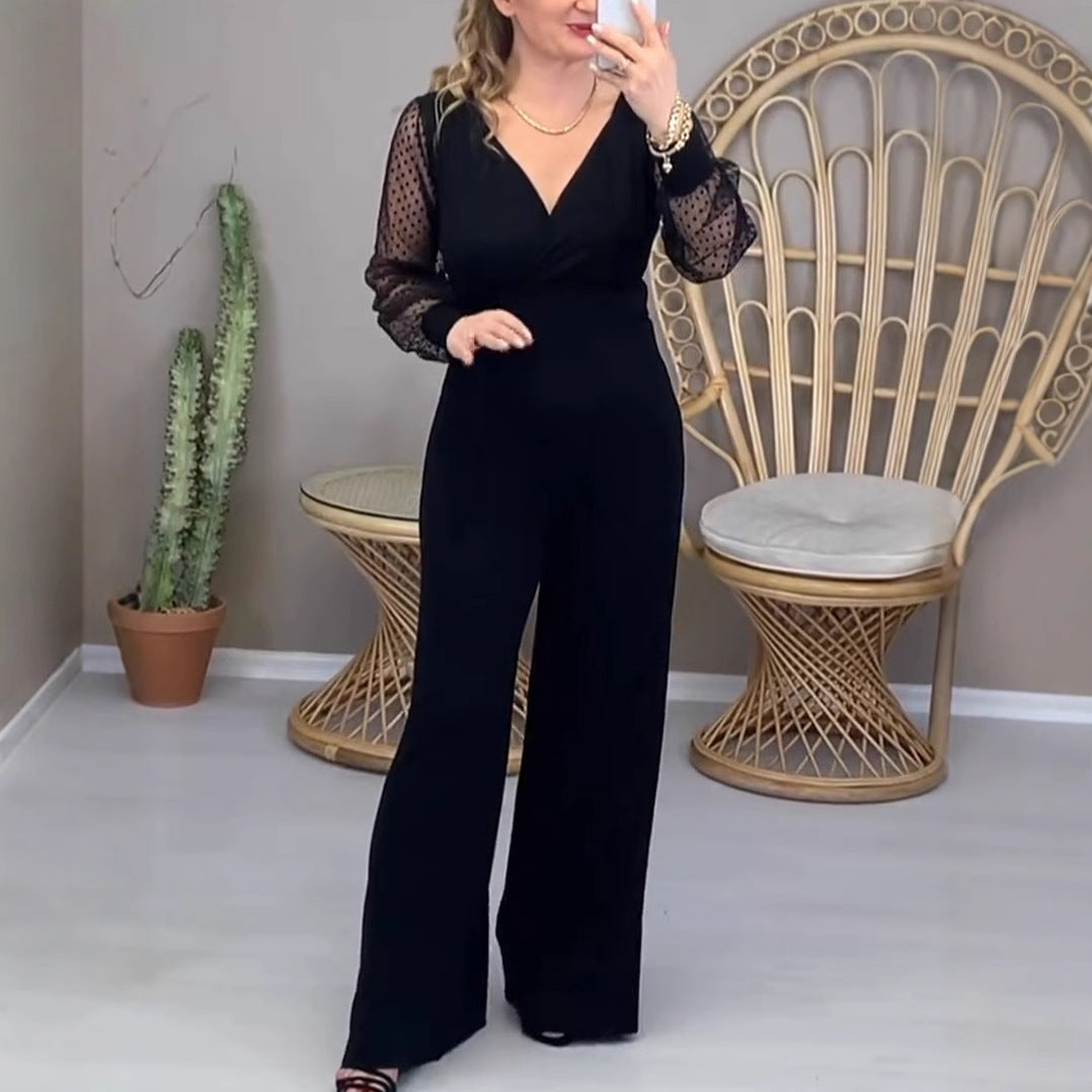 Mesh sleeve V-neck cinched waist slimming jumpsuit