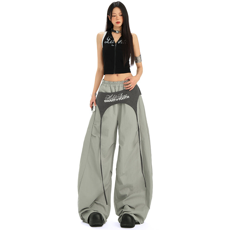 Women's Color-Blocked Tie-Up Oversized Loose Wide-Leg Pants Hip-Hop Quick-Dry Dance Casual Pants
