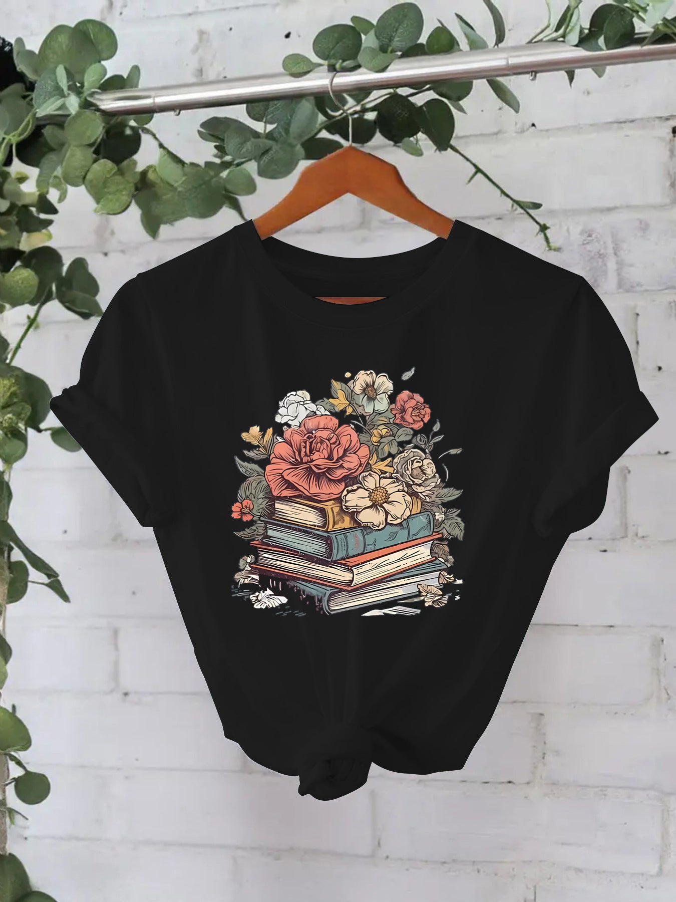 Flower Book New Round Neck Loose Short Sleeve