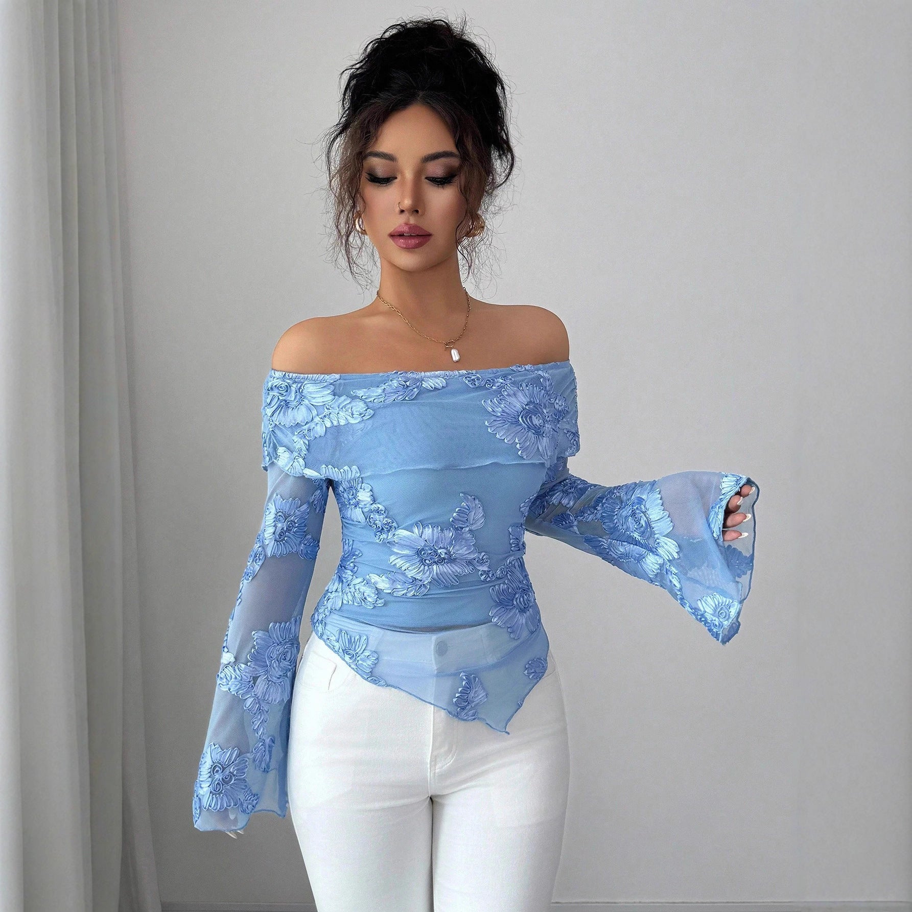 Women's single neck flared sleeve asymmetrical hem top