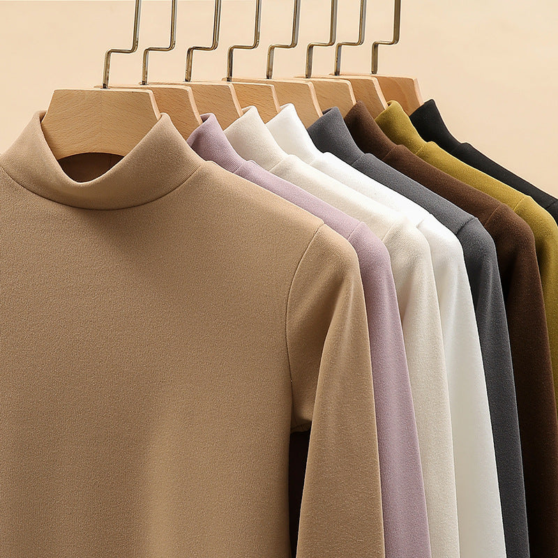 Half high collar and plush thick warm long sleeved top