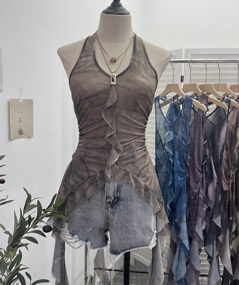 Tie dye neck hanging sleeveless top