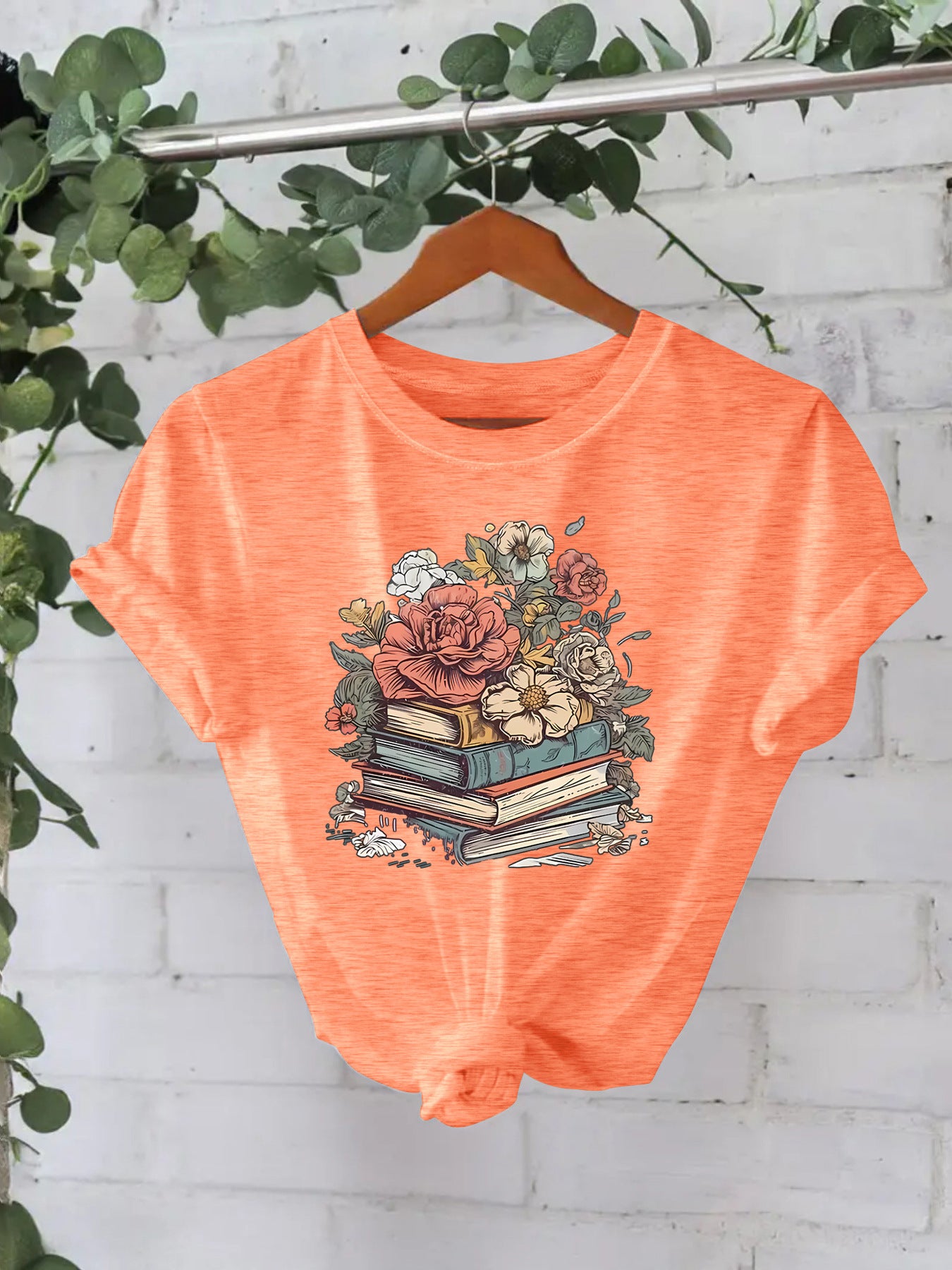 Flower Book New Round Neck Loose Short Sleeve