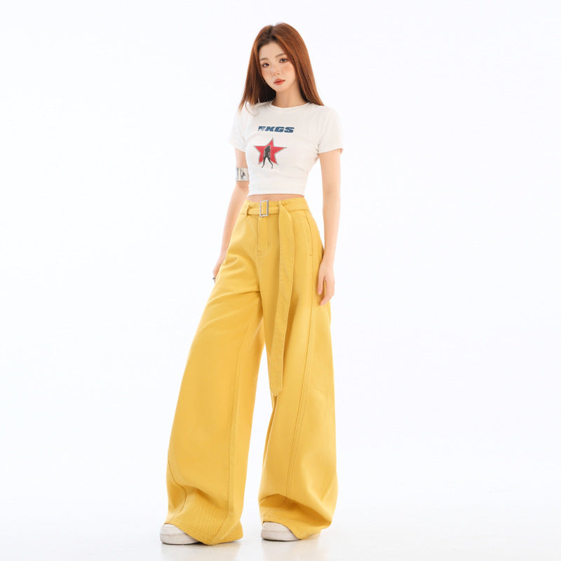 White Wide-Leg Knife-Edge Denim Pants for Women Loose Fit