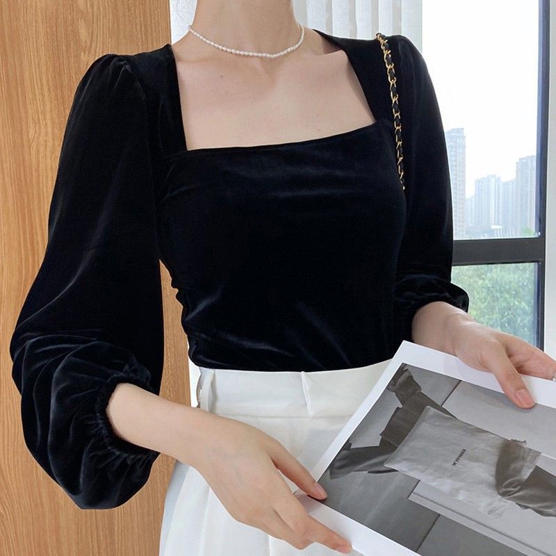 Style Off-Shoulder Fitted Black Square Neck Bubble Sleeve Velvet Blouse Women's Royal Style Long Sleeve Top