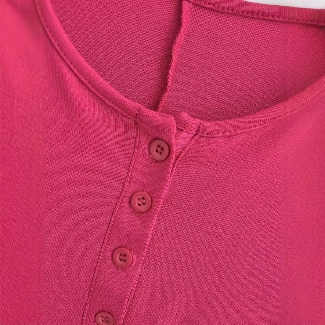 Single-breasted round-neck slim-fitting solid-color long-sleeved jumpsuit
