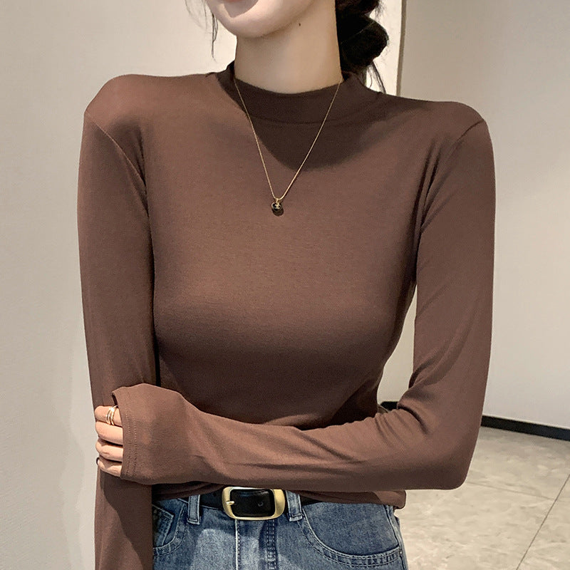 Women's long sleeved T-shirt with small stand up collar top