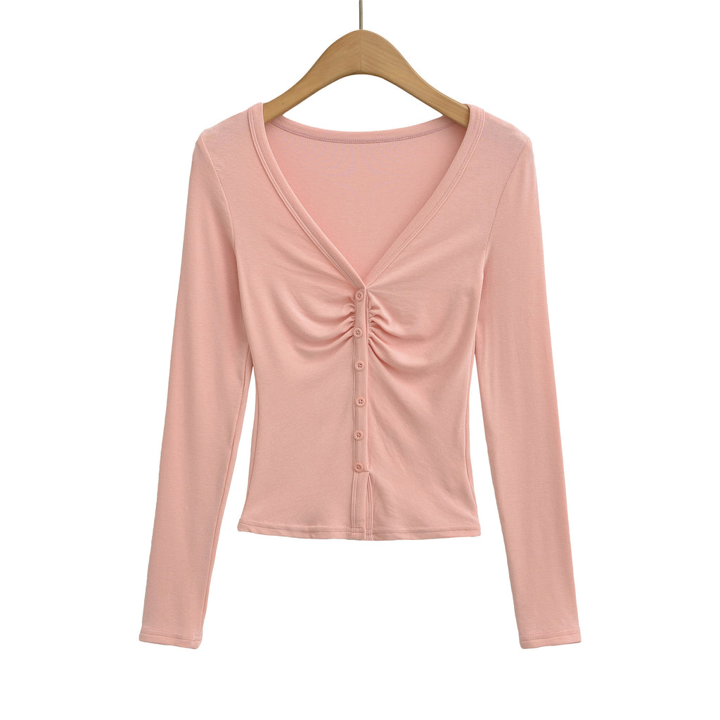 Sexy V-neck Long Sleeve Pleated Underwear T-shirt