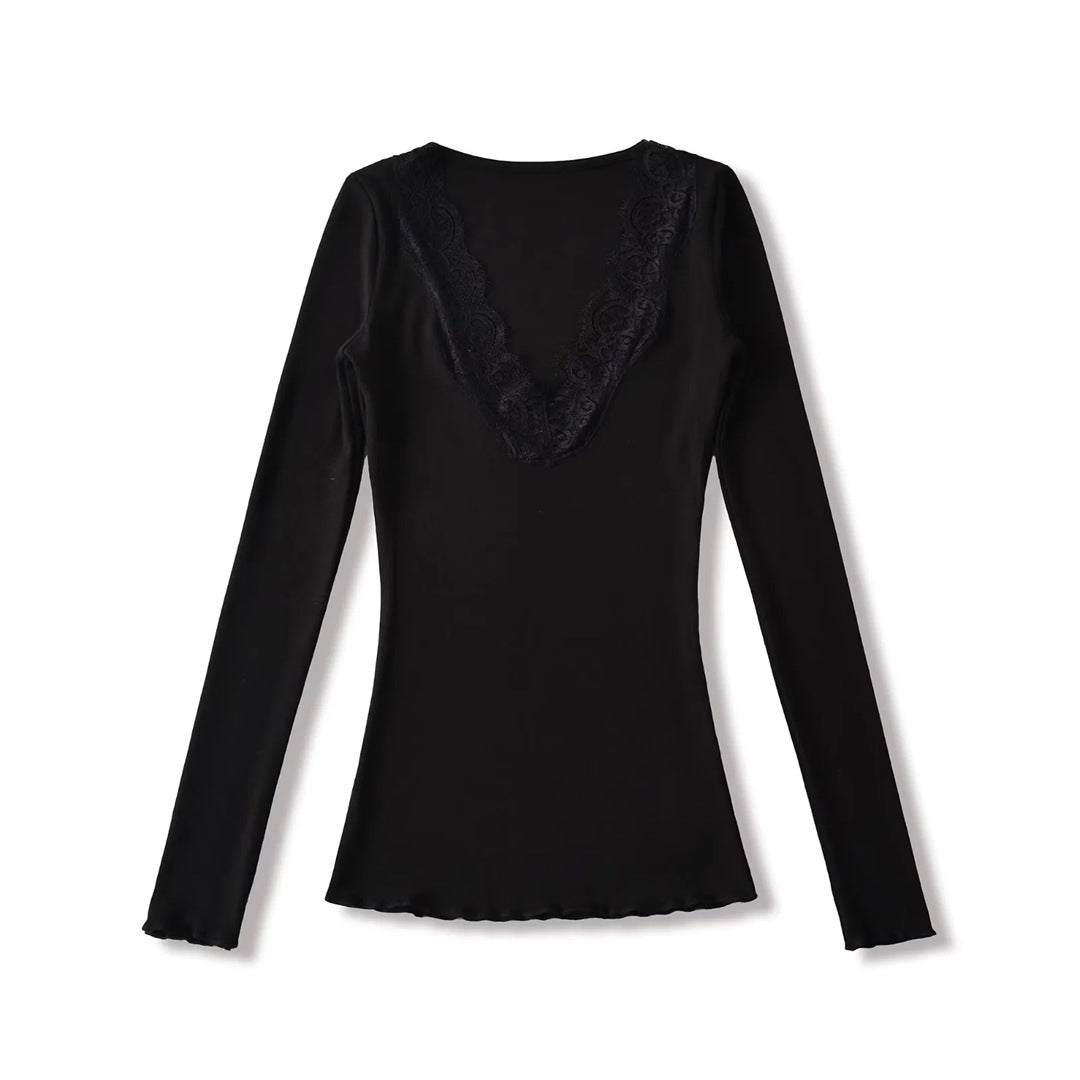Pure Desire Style Sexy Lace Patchwork V-Neck Long Sleeve T-Shirt for Women  Vintage Fitted Inner Layer Basic Top Solid Color