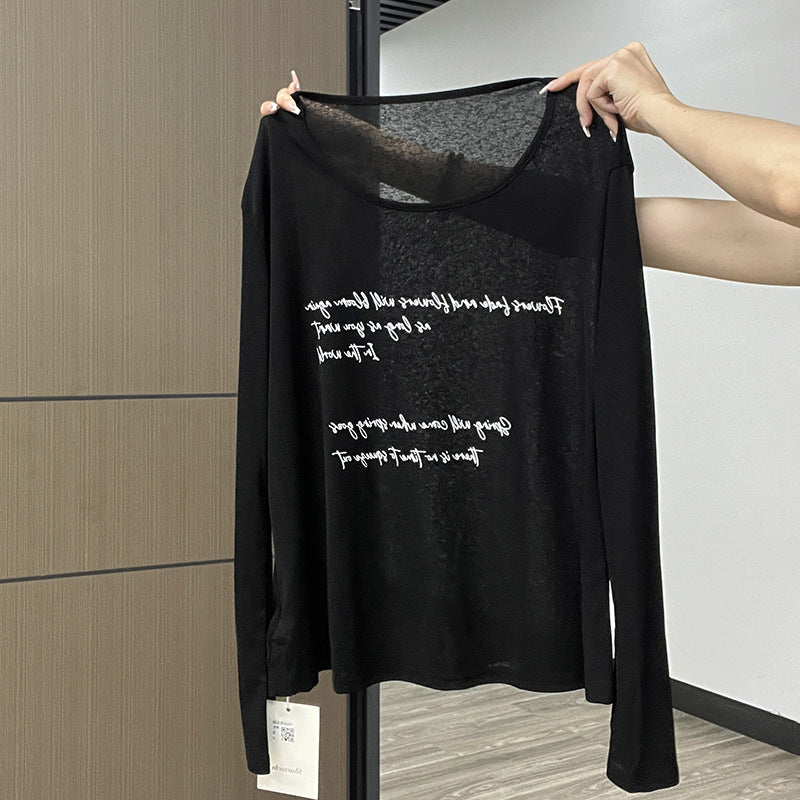 Black Thin Micro-Transparent Sunscreen Hoodie Long Sleeve T-Shirt Women's Letter Print Loose Lazy Style Top