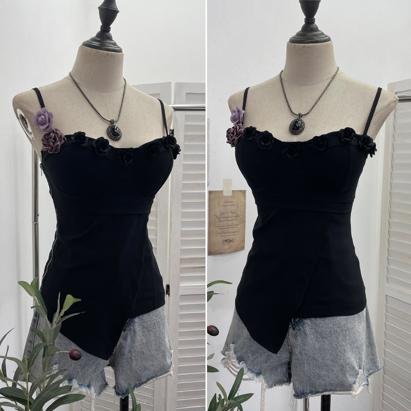 Three dimensional rose elastic strapless irregular short sleeveless top