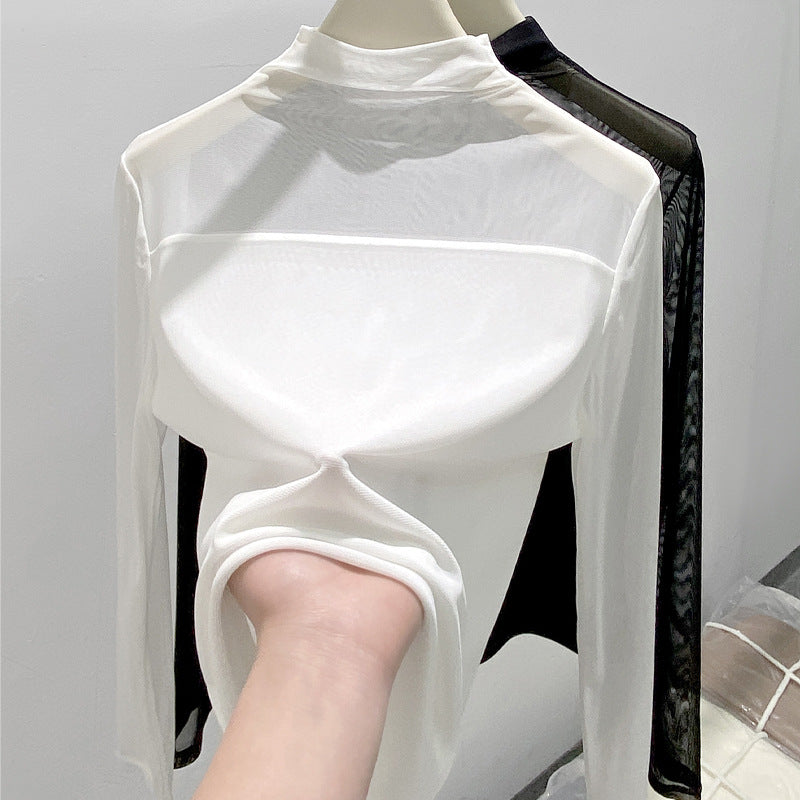 Half high collar lace double layered mesh women's long sleeved t-shirt