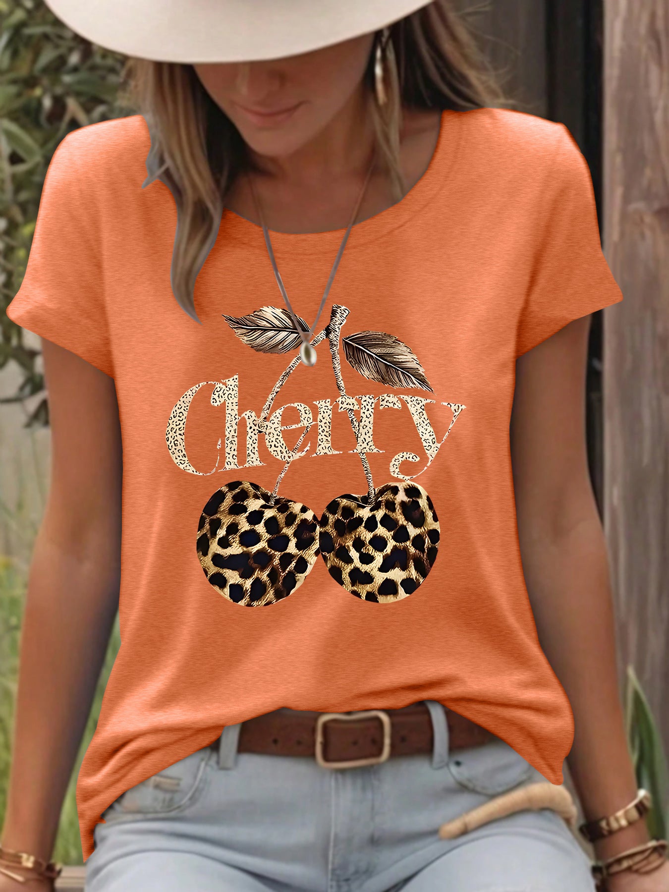 T-shirt short sleeved women's Cherry leopard print cherry round neck