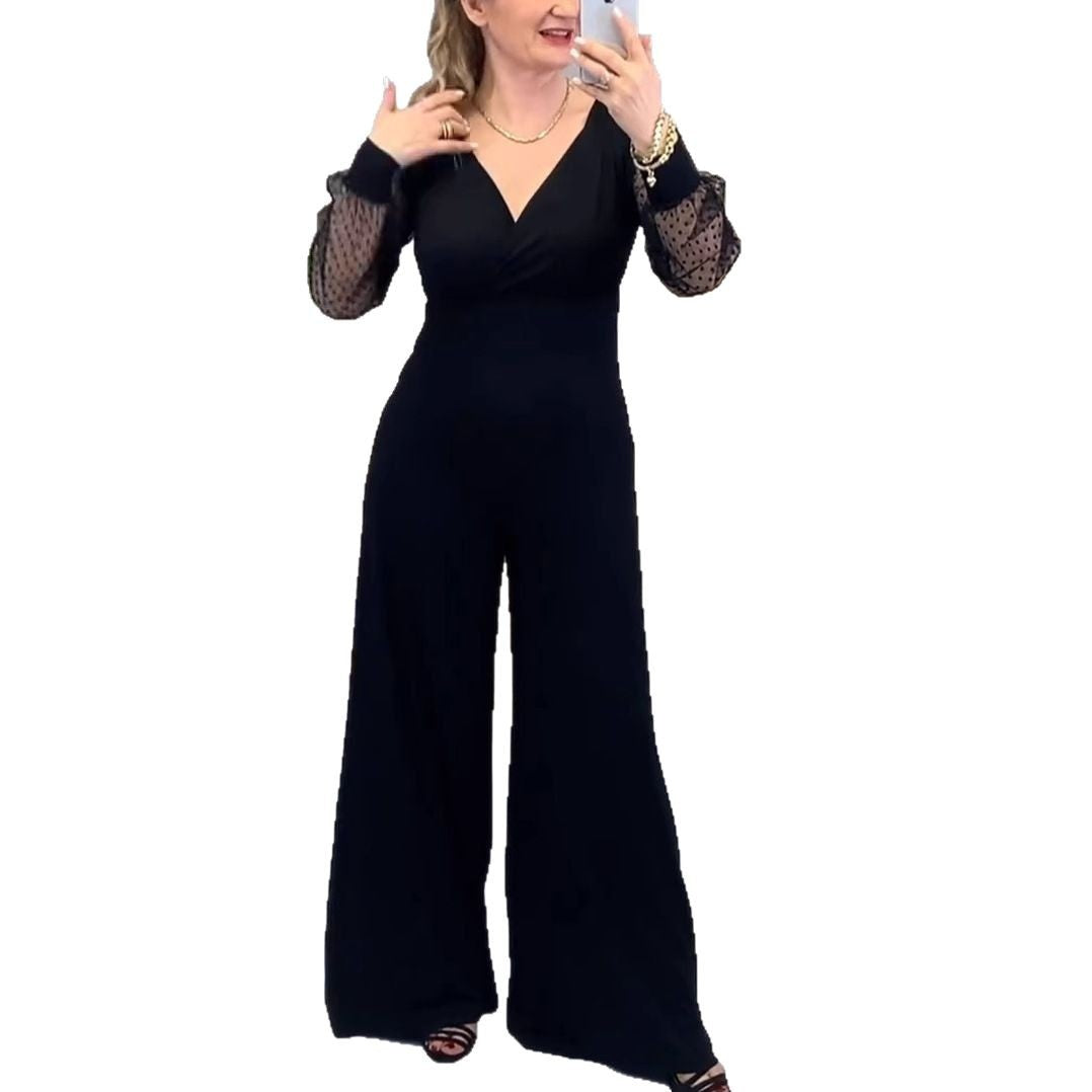 Mesh sleeve V-neck cinched waist slimming jumpsuit