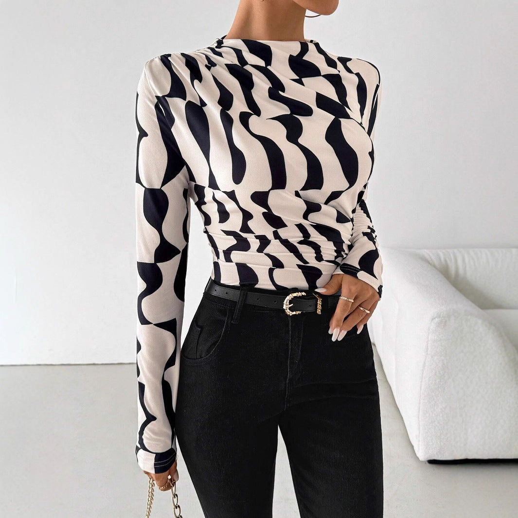Wrinkled edge printed slim fit top for women