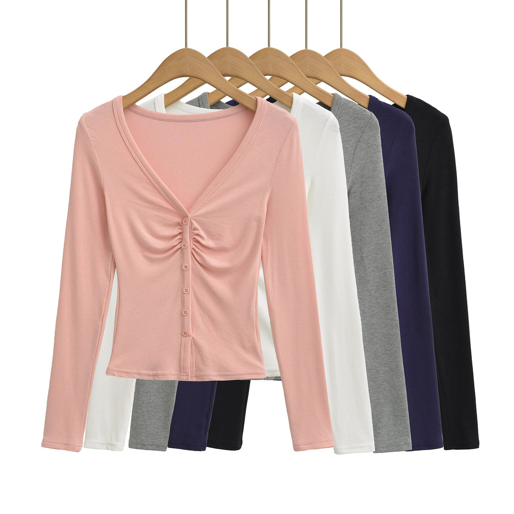 Sexy V-neck Long Sleeve Pleated Underwear T-shirt