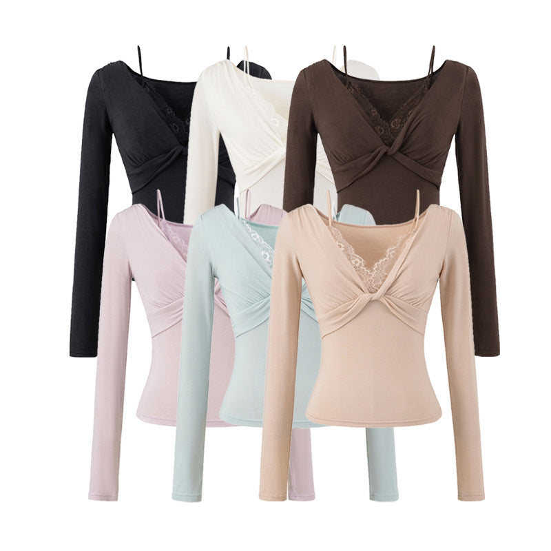 Twisted lace long sleeved T-shirt for women
