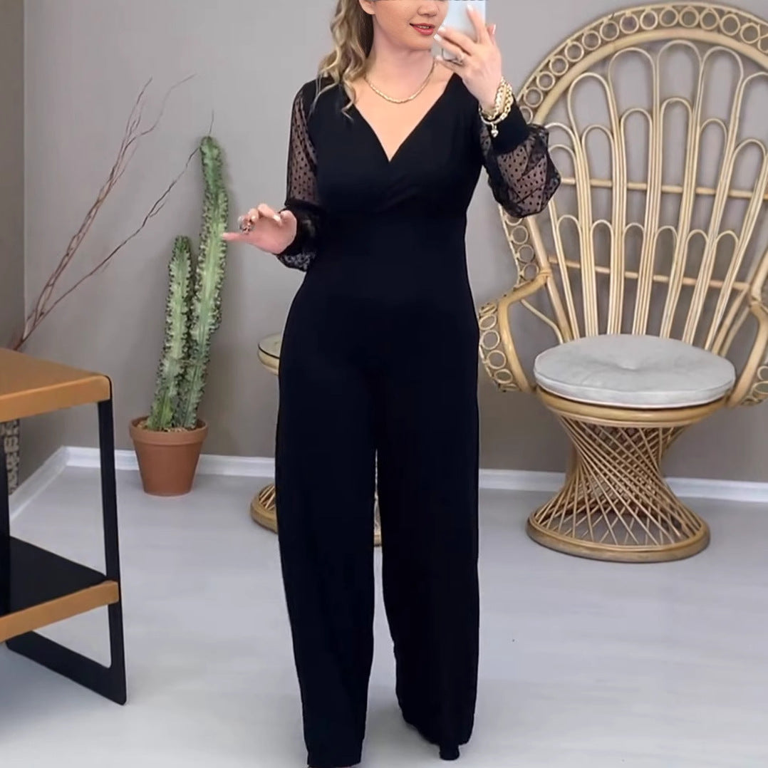 Mesh sleeve V-neck cinched waist slimming jumpsuit