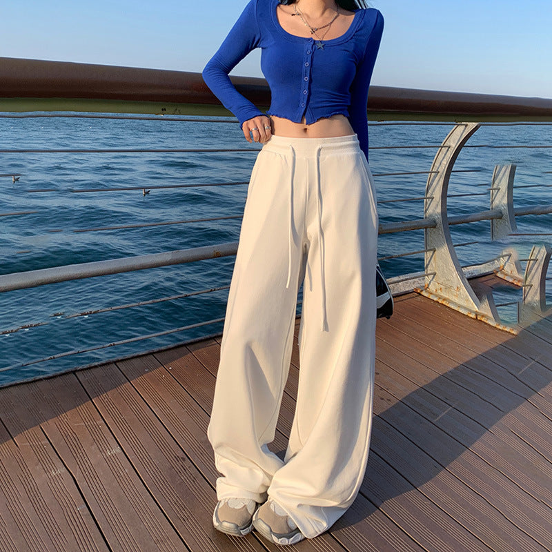 Women's Loose Wide-Leg Pants with Drawstring Elastic Waist Straight Casual Trousers
