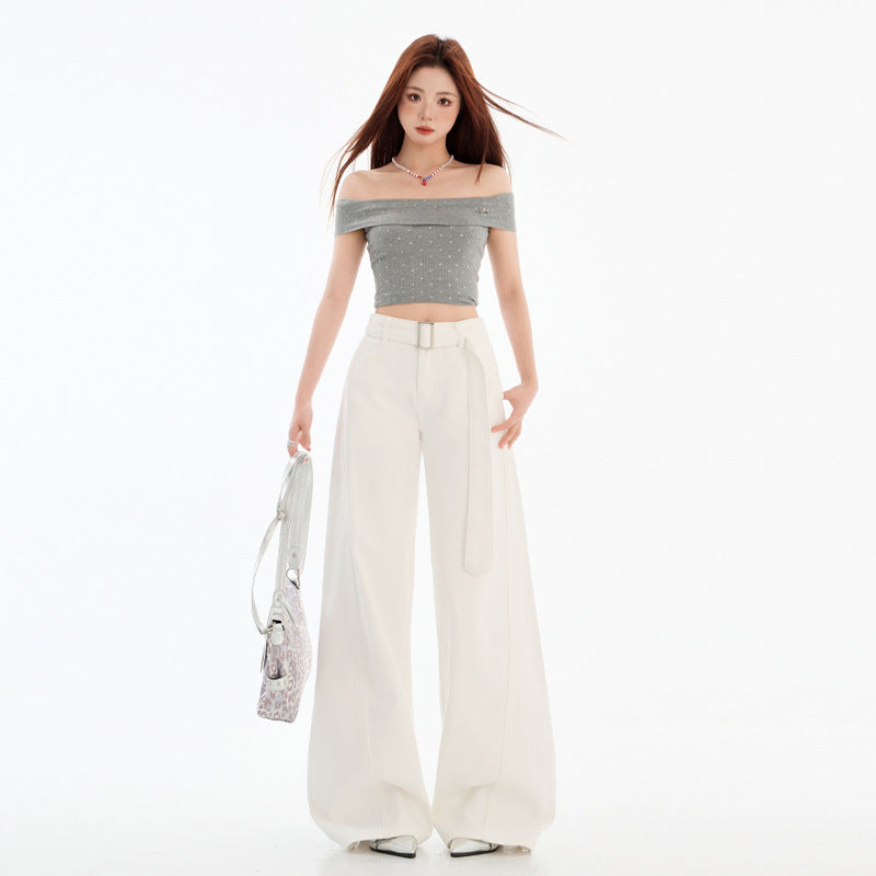White Wide-Leg Knife-Edge Denim Pants for Women Loose Fit