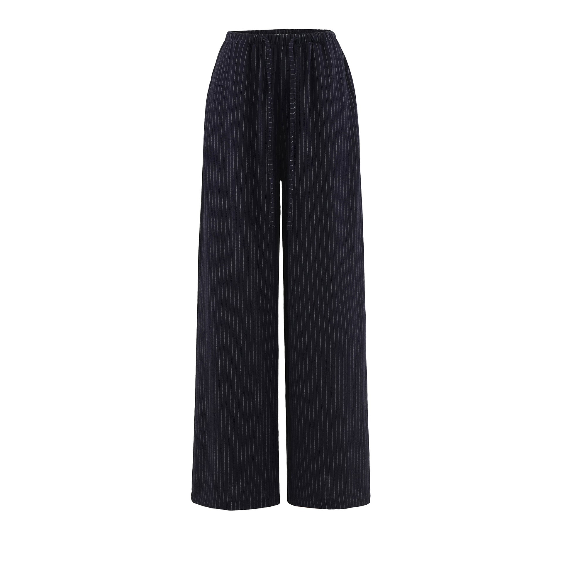 Casual Striped Drawstring Pants for Women Summer Loose Cotton Linen Straight Leg Relaxed Wide Leg Floor-Length Trousers