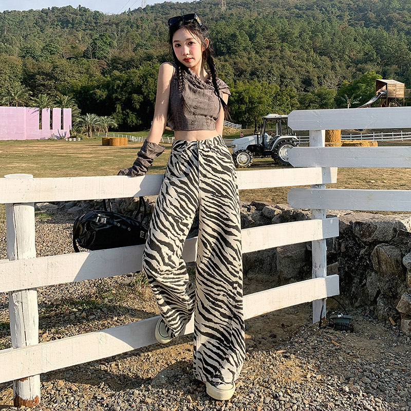 Women's Unique Pattern Straight Jeans Loose Drape Wide Leg Pants