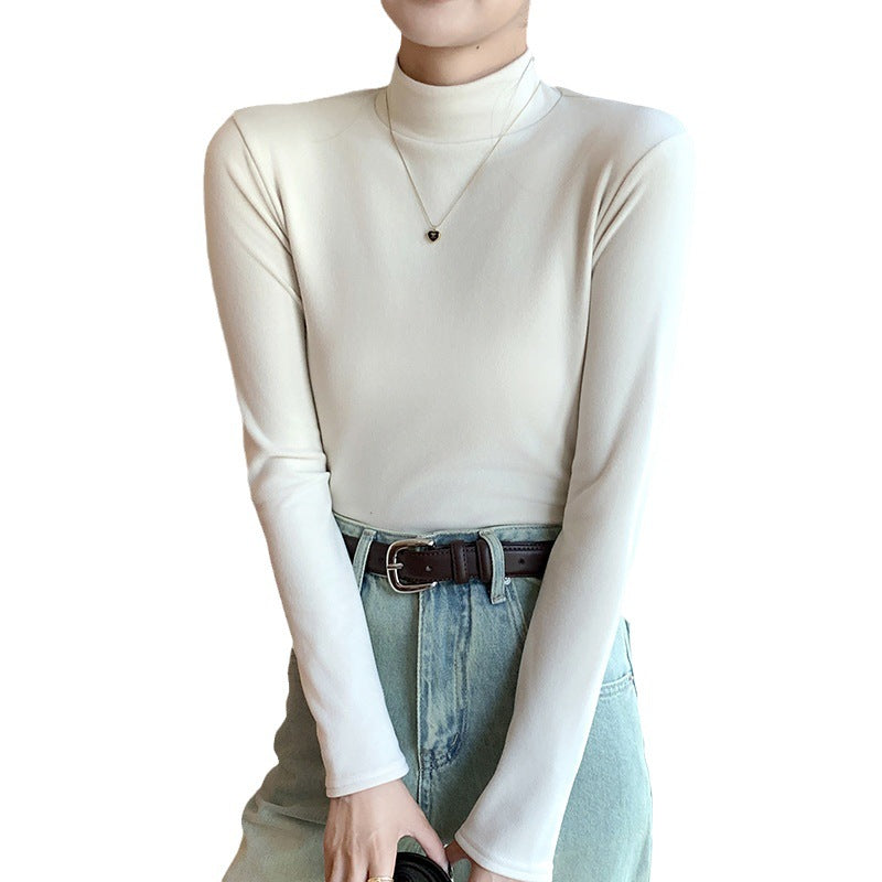 Half high collar and plush thick warm long sleeved top