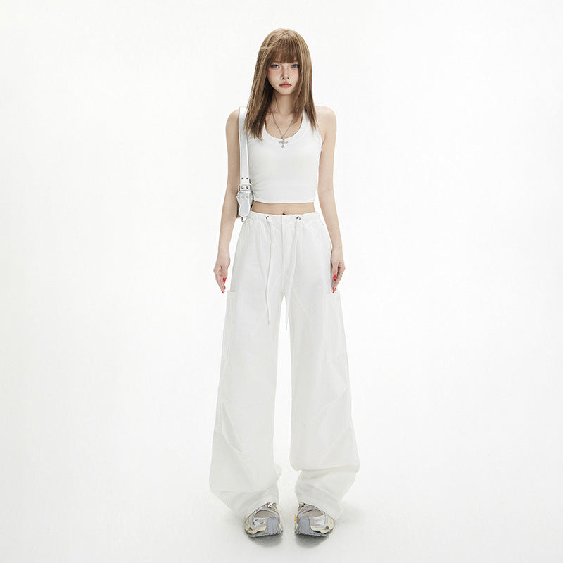 Pants for Women White High Waist Straight Loose Slim Fit Drawstring Casual Pants