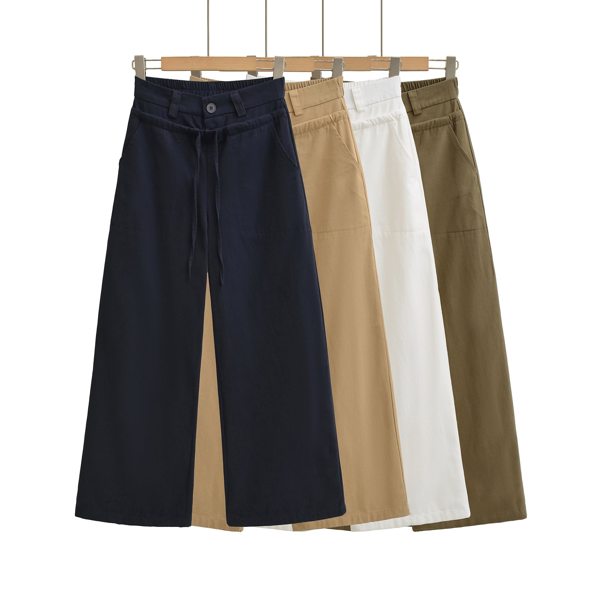 Splicing double waist drawstring elastic washed workwear wide leg pants casual pants