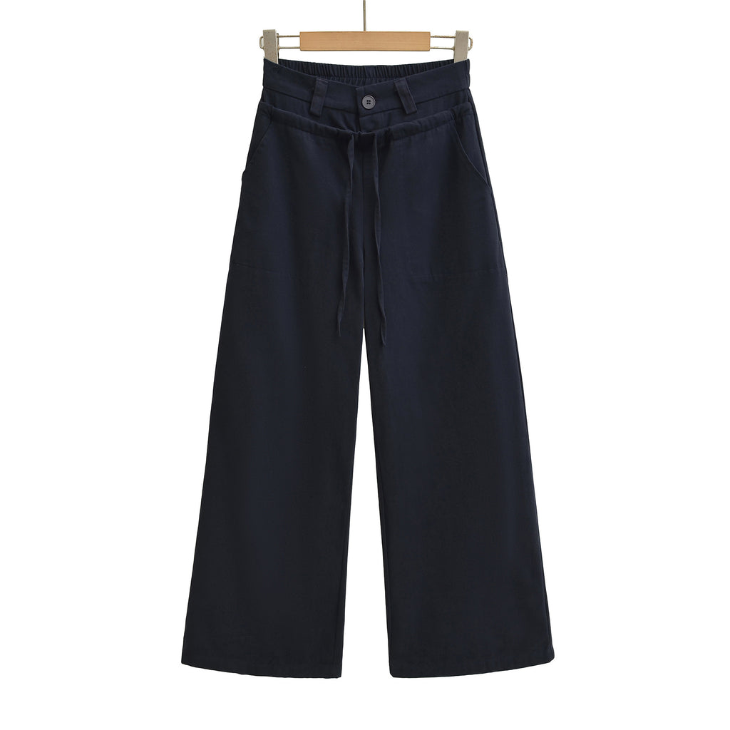 Splicing double waist drawstring elastic washed workwear wide leg pants casual pants