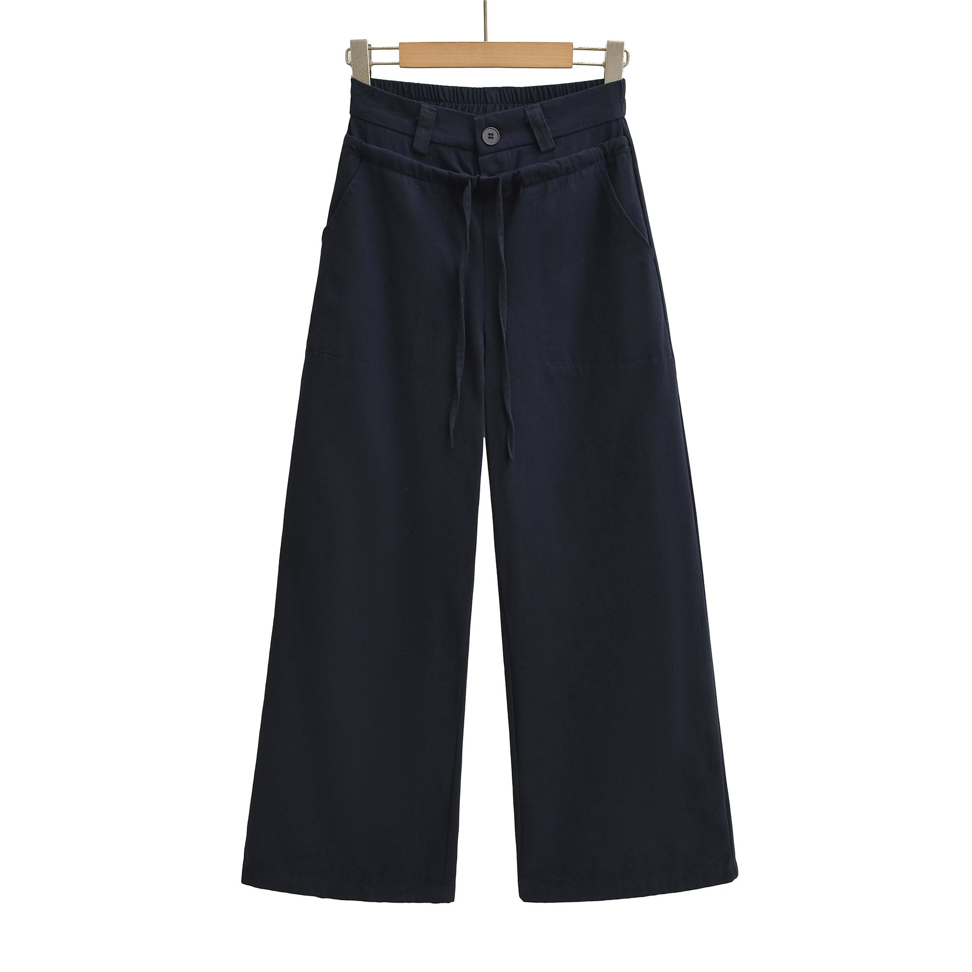 Splicing double waist drawstring elastic washed workwear wide leg pants casual pants